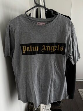 Palm Angels Grey Tee with Black Band and Gold Logo